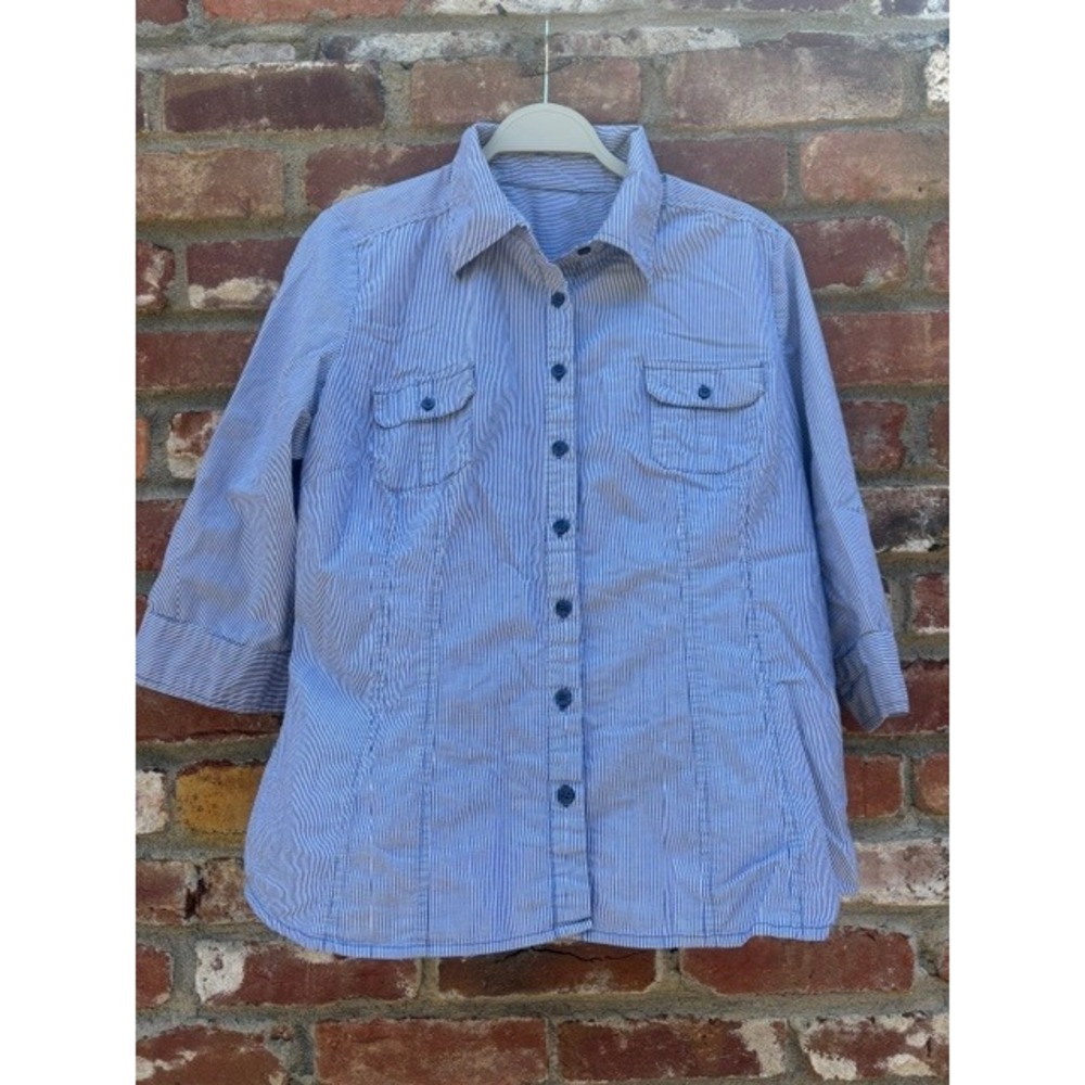 Blue‎ White Striped Button Down Shirt 3/4 Roll Tab Sleeve Stretch Top Large